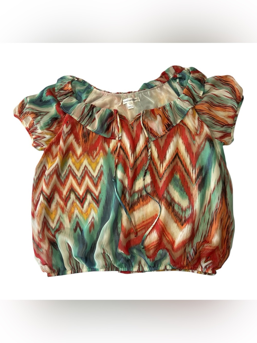 JohnPaulRichard Multicolor Chevron Ruffle-Neck Blouse Turquoise & Coral sz S